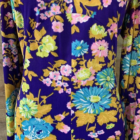 Vintage 1960s 1970s Psychedelic Boho Mod Floral Maxi Dress Tie Waist Size S/M - Picture 5 of 9